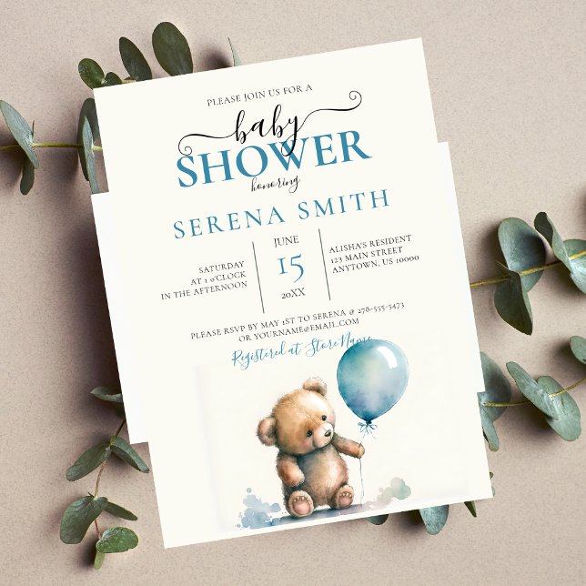 Cute Stuffad Nalle med Blue Balloon BABY Inbjudningar (Skapare uppladdad)