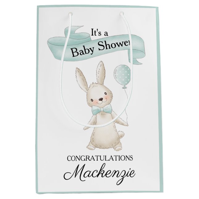 Cute Stuffade Bunny med Teal Balloon Baby Shower (Framsidan)