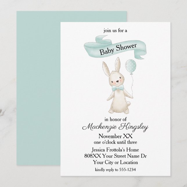 Cute Stuffade Bunny med Teal Balloon Baby Shower Inbjudningar (Fram/baksida)