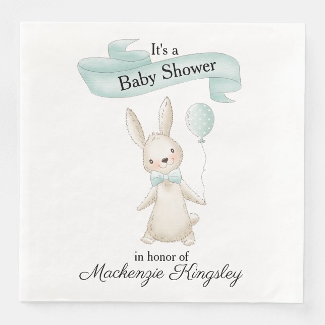 Cute Stuffade Bunny med Teal Balloon Baby Shower Pappersservett (Framsida)