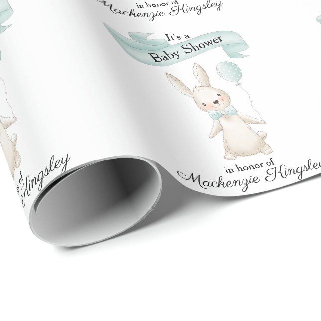 Cute Stuffade Bunny med Teal Balloon Baby Shower Presentpapper (Rullad Hörn)