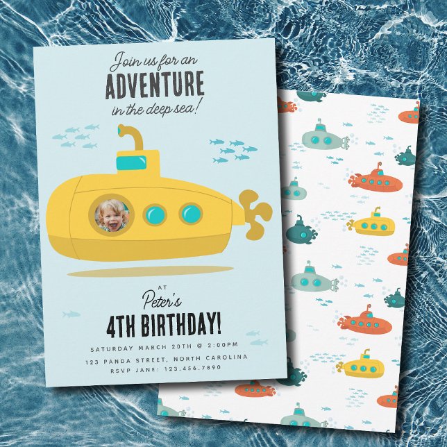 Cute Submarine Deep Sea Birthday Kids Photo Inbjudningar (Cute Submarine Deep Sea Birthday Kids Photo Invitation)