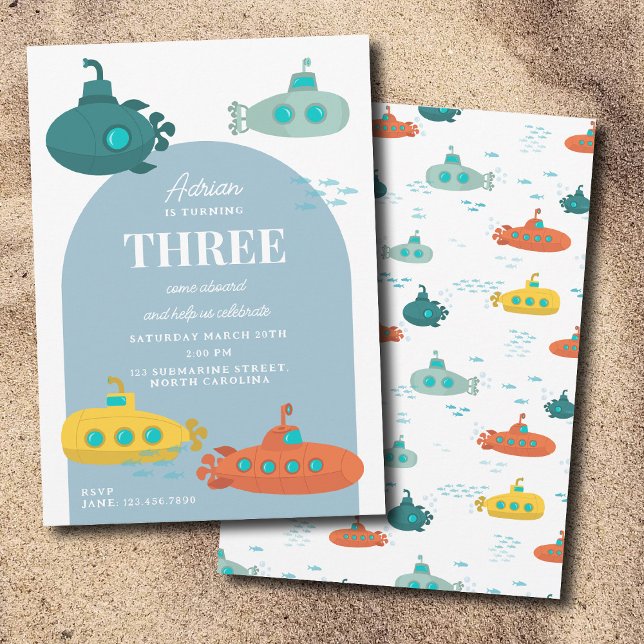 Cute Submarine Deep Sea Kids Birthday Party Inbjudningar (Cute Submarine Deep Sea Kids Birthday Party Invitation)