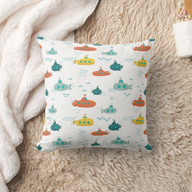 Cute Submarine Nautical Deep Sea Fish Pattern Kudde (Filt)