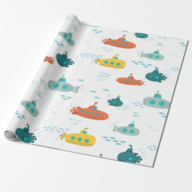 Cute Submarine Nautical Deep Sea Fish Pattern Presentpapper (Utrullad)