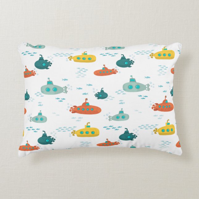 Cute Submarine Nautical Deep Sea Fish Pattern Prydnadskudde (Framsidan)