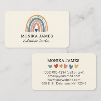 Cute Substitut Teacher Cream Boho Rainbow Visitkort