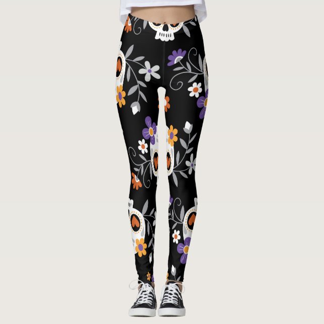Cute Sugar Döskallar Hand plockade Leggings (Framsida)
