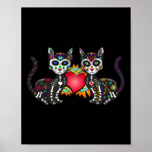 Cute Sugar Skull Cat Duo Heart Mexican Dia de Los Poster