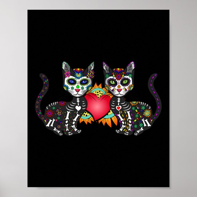 Cute Sugar Skull Cat Duo Heart Mexican Dia de Los Poster (Framsidan)