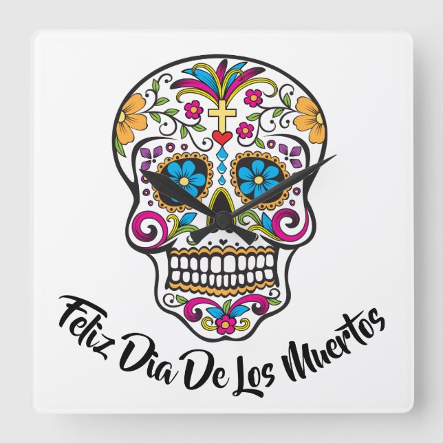 Cute Sugar Skull Lycklig Day of the dead Fyrkantig Klocka (Framsida)