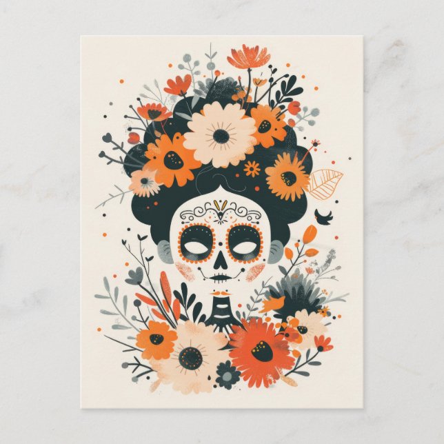Cute Sugar Skull med blommor Day of the dead Vykort (Framsida)