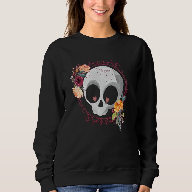 Cute Sugar Skull med Ro och blommor T Shirt (Framsida)