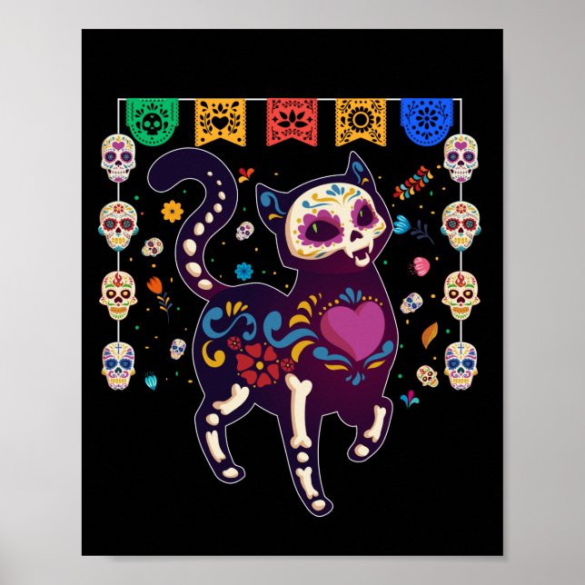 Cute Sugar Skull Mexican Cat Halloween Day Of The Poster (Framsidan)