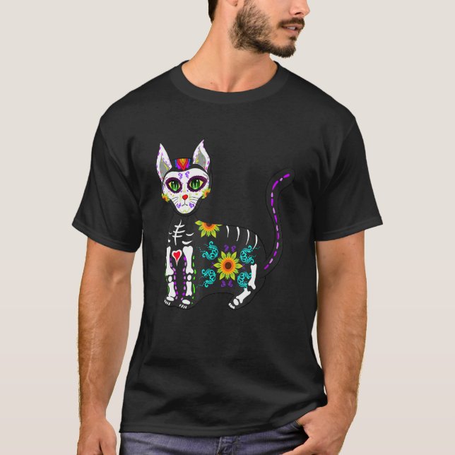 Cute Sugar Skull Mexican Cat Halloween Day Of The  T Shirt (Framsida)
