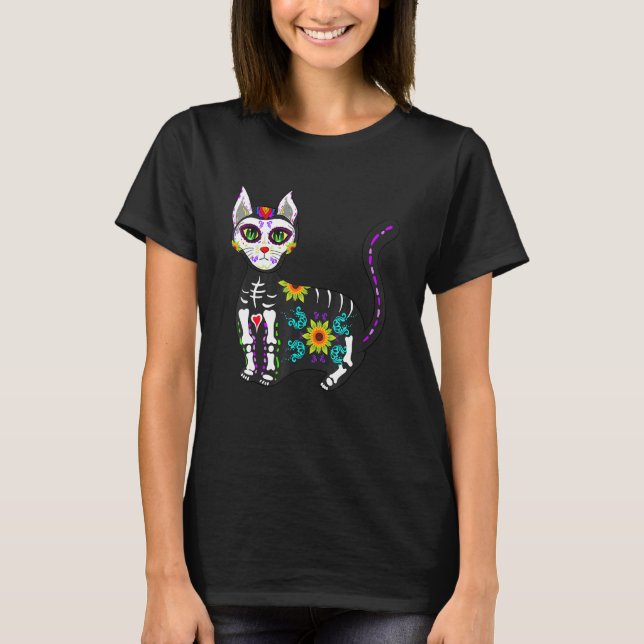 Cute Sugar Skull Mexican Cat Halloween Day Of The  T Shirt (Framsida)