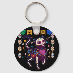 Cute Sugar Skull Mexikansk katt Halloween-dagen p Nyckelring