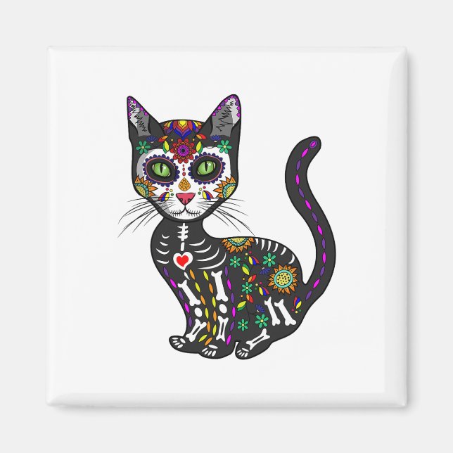 Cute Sugar Skull Mexikansk katt Halloween-dagen på Magnet (Framsidan)