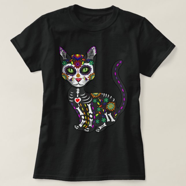 Cute Sugar Skull Mexikansk katt Halloween-dagen på T Shirt (Design framsida)
