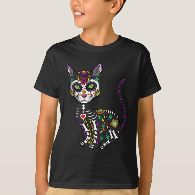Cute Sugar Skull Mexikansk katt Halloween-dagen på T Shirt (Framsida)