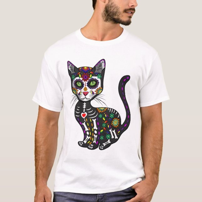 Cute Sugar Skull Mexikansk katt Halloween-dagen på T Shirt (Framsida)