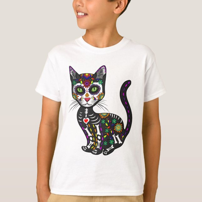 Cute Sugar Skull Mexikansk katt Halloween-dagen på T Shirt (Framsida)