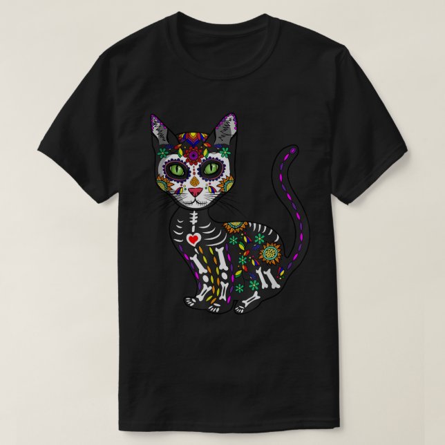 Cute Sugar Skull Mexikansk katt Halloween-dagen på T Shirt (Design framsida)