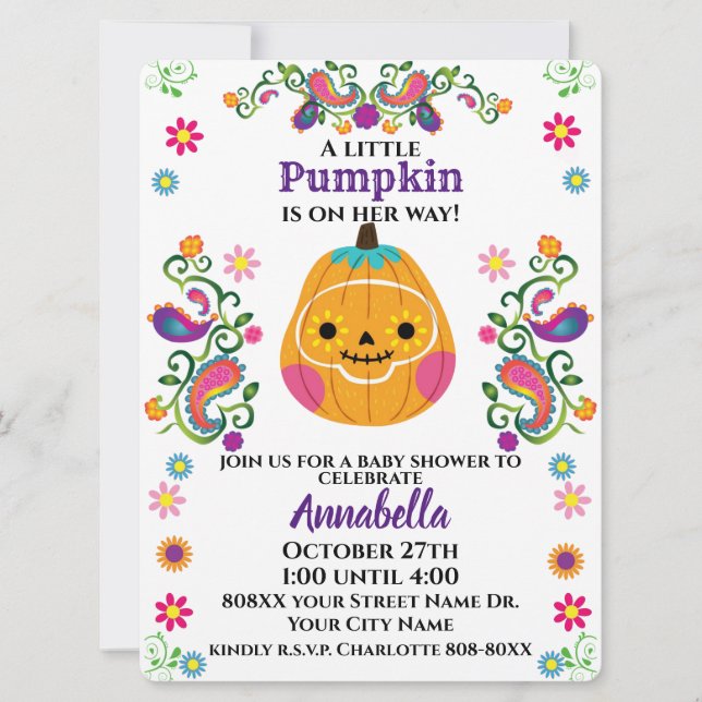 Cute Sugar Skull Pumpkin Halloween Baby Shower Inbjudningar (Framsida)