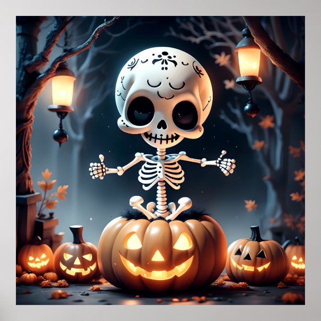 Cute Sugar Skull Skeleton och Pumpkins Poster (Framsidan)