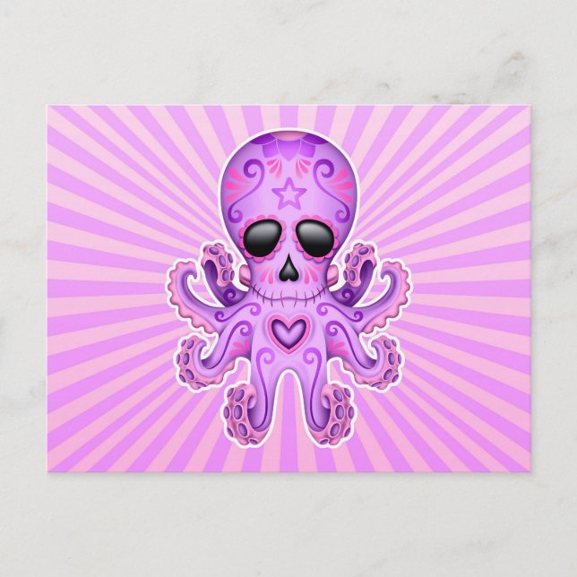 Cute Sugar Skull Zombie Octopus - Lila Vykort (Framsida)
