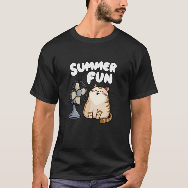 Cute Summer Cat med Fläkt Funny Knubbig Kattunge T Shirt (Framsida)