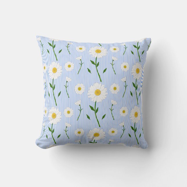 Cute Summer Daisy Mönster Light Blue Rand Kudde (Framsida)