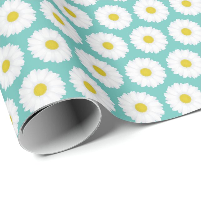 Cute Summer Daisy Mönster på Blue Presentpapper (Rullad Hörn)