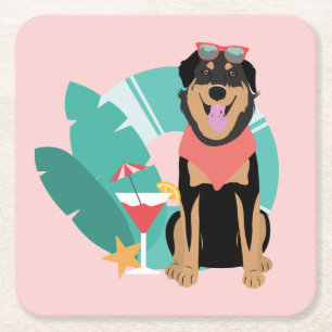 Cute Summer Hund med solglasögon Underlägg Papper Kvadrat
