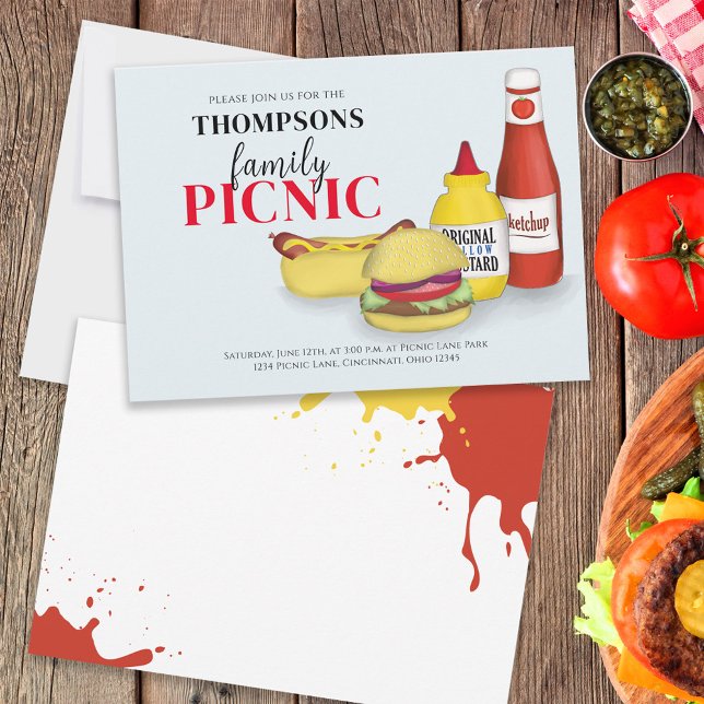 Cute Summer Picnic BBQ Whimsical Ketchup Mustard Inbjudningar (Skapare uppladdad)