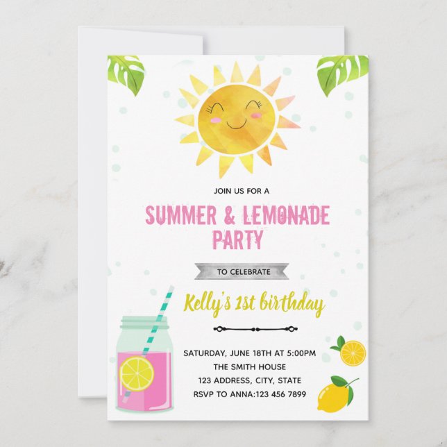 Cute summer pink lemonade invitation inbjudningar (Framsida)