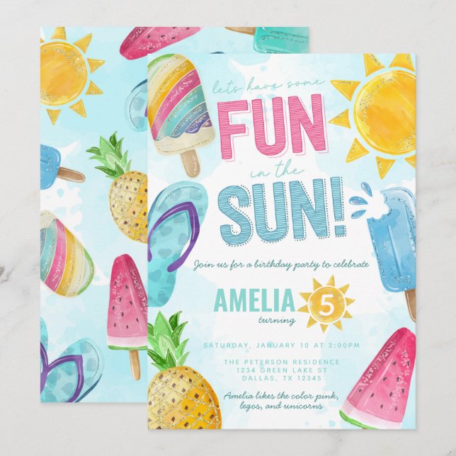 Cute Summer Roligt i Sol Bassäng Party Inbjudningar (Fram/baksida)