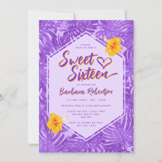 Cute Summer Tropical Lila Blommigt Sweet sixteen Inbjudningar