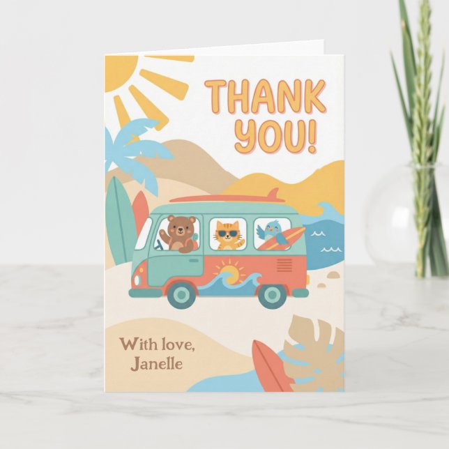 Cute Summer Vacation Thank You Beach Van Animals Kort (Framsida)
