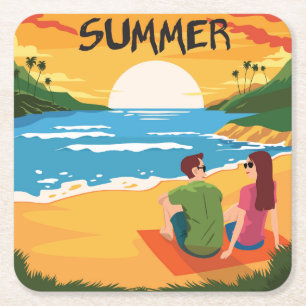 Cute Summer vid Beach Scene Underlägg Papper Kvadrat