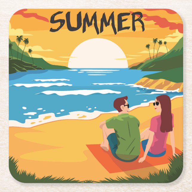Cute Summer vid Beach Scene Underlägg Papper Kvadrat (Framsidan)
