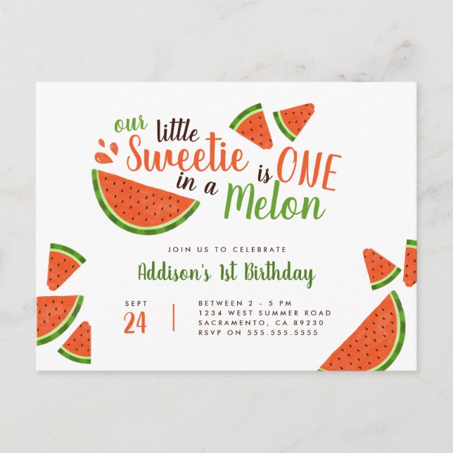Cute Summer Watermelon One på Melon Birthday Inbjudan Vykort (Framsida)