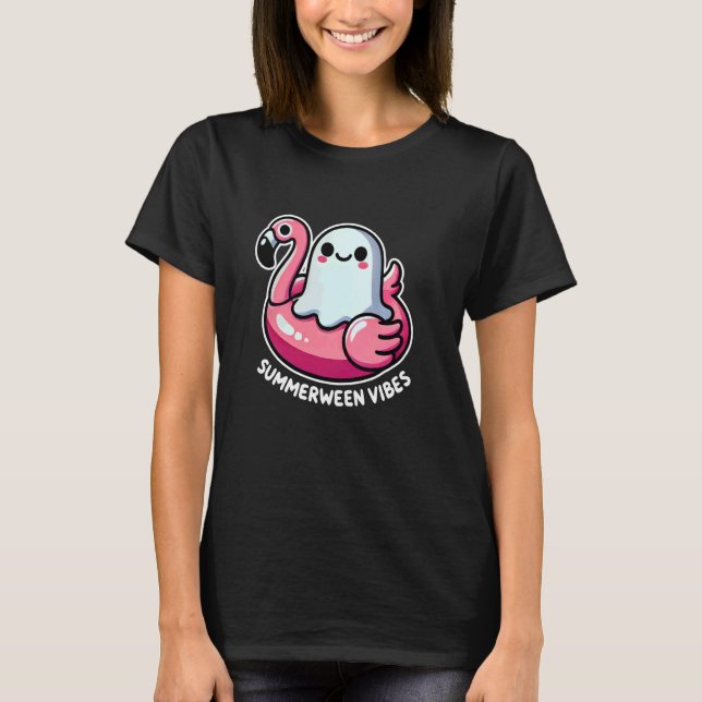 Cute Summerween Vibes Ghost på Flamingo Floaty Rol T Shirt (Framsida)