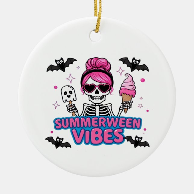 Cute Summerween Vibes Skeleton Glass Summer Vac Julgransprydnad Keramik (Framsidan)