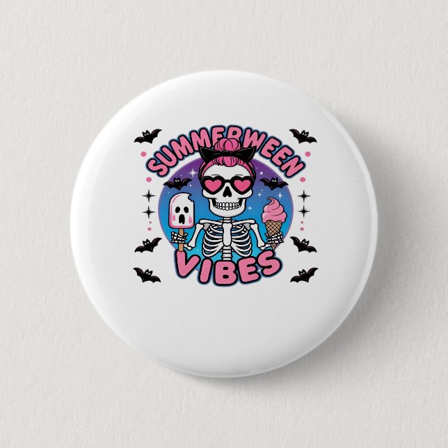 Cute Summerween Vibes Skeleton Glass Summer Vac Knapp (Framsida)