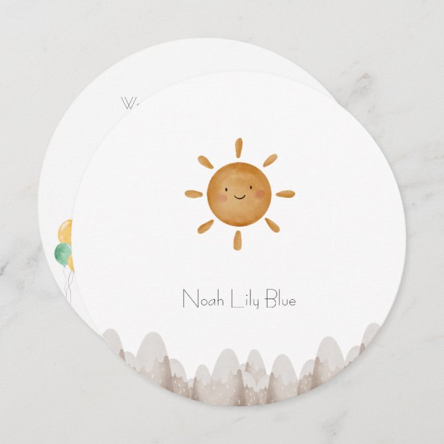 Cute Sun Mountains Baby Announcement Card Inbjudningar (Fram/baksida)