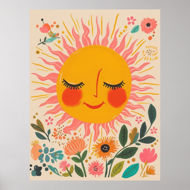 Cute Sun Sunny Day Boho Floral Illustration Poster (Framsidan)