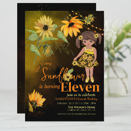 Cute Sunblommor Watercolor Girl Black Birthday Inbjudningar