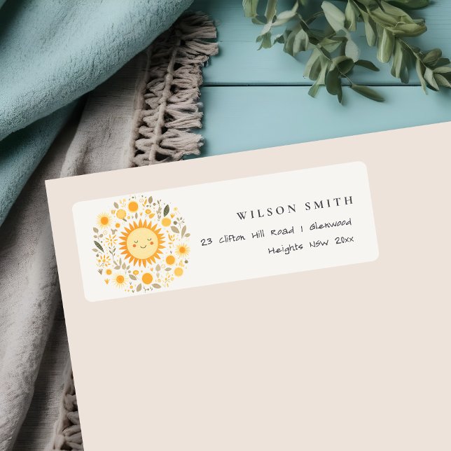 Cute Sunshine Boho Sol Baby Shower Adress Returadress Etikett (Skapare uppladdad)