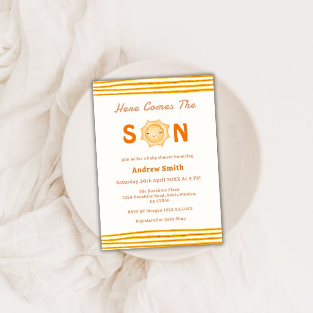 Cute Sunshine här kommer barnskåran. Inbjudningar (Cute Sunshine Here Comes The Son Baby Shower Invitation)